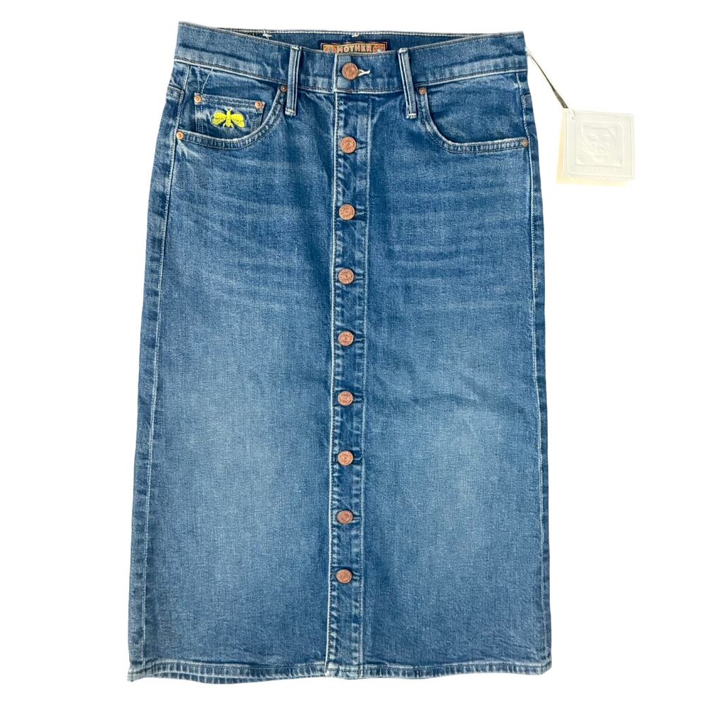 Mother La DoubleJ Button Vagabond Embroidered Blue Denim Midi Skirt Size 25 NEW